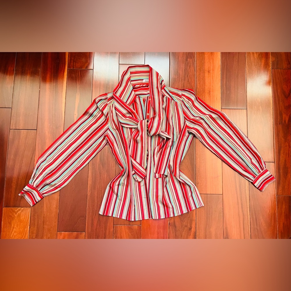 Vintage Red Multi Color Striped Bow Neck Ruffle Shoulder Blouse Shirt  42 Medium